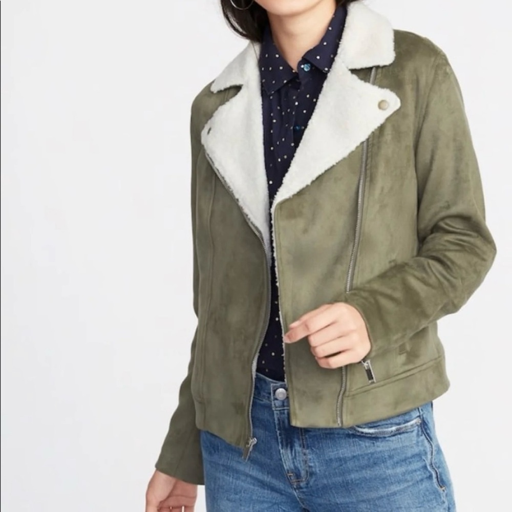 NWOT Old Navy Suede Sherpa Moto Zip Jacket Olive Green Size Small